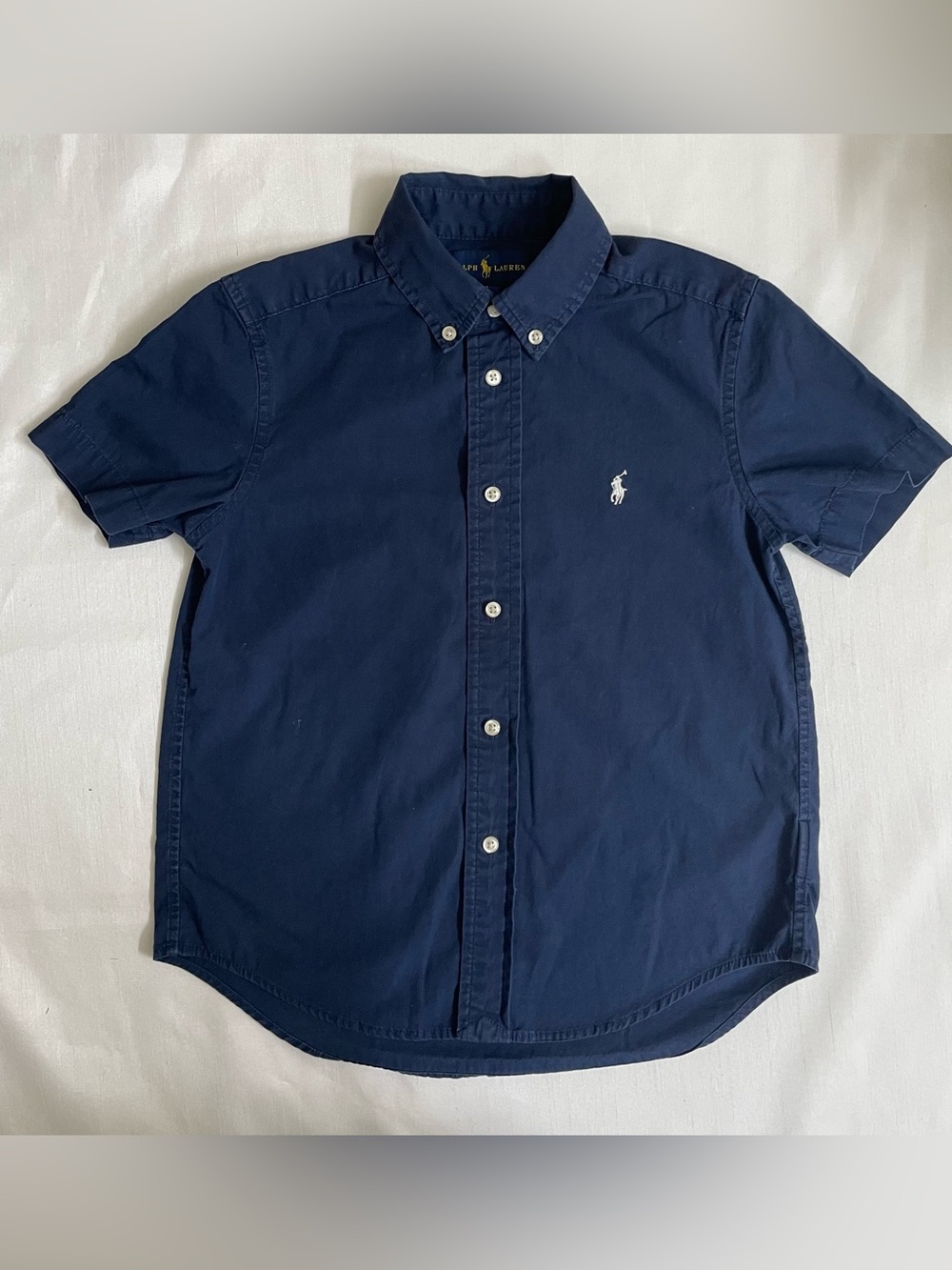 Ralph Lauren Navy Short-Sleeve Button-Down Oxford Shirt with White Pony Size 6